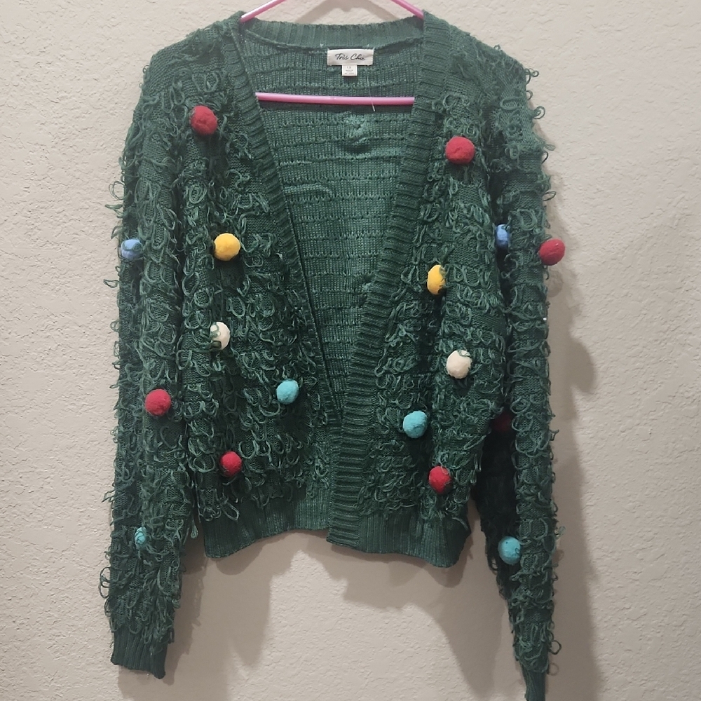 Chic Green Cardigan with Multicolor Pom Poms